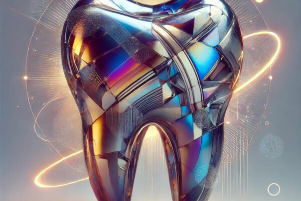 Futuristische Darstellung eines Zahns aus glänzendem, mehrfarbigem Glas mit abstrakten geometrischen Mustern vor einem technologisch anmutenden Hintergrund mit Lichtkreisen.